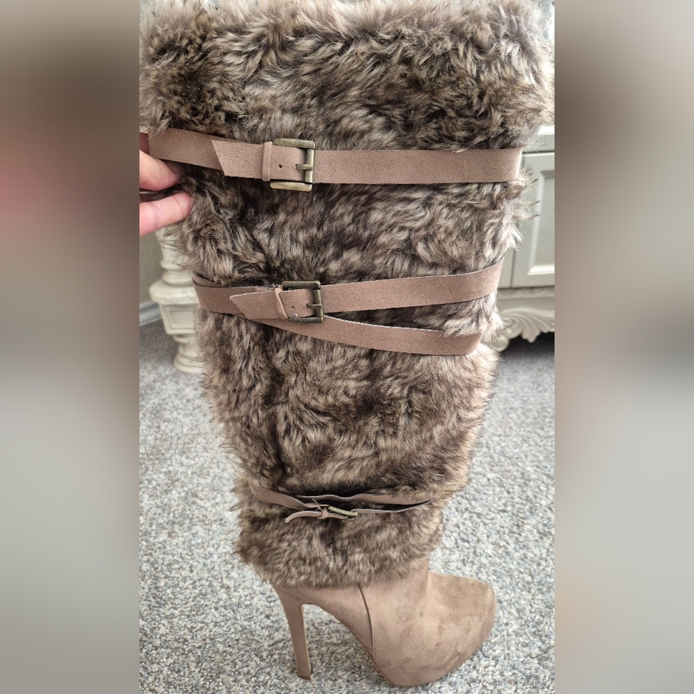 JustFab Tan Faux Fur Heeled Boots - Picture 7 of 7